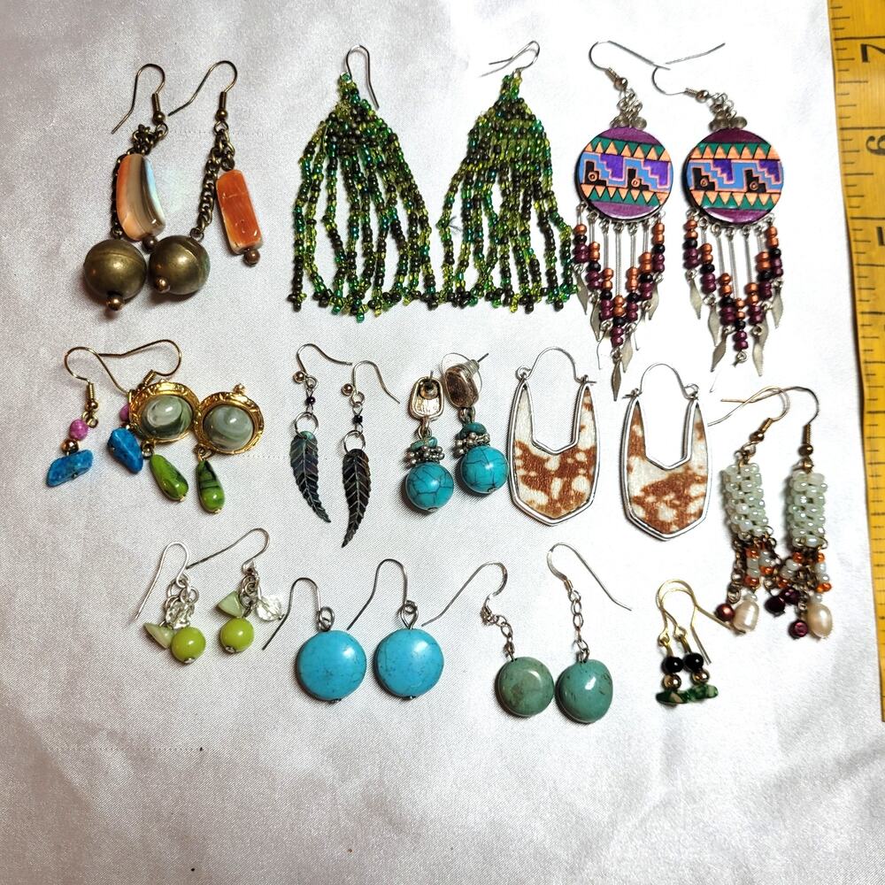 13 Pc Earrings Lot Retro Boho Western Southwestern Dangle Beaded Gemstone Chips - Picture 2 of 9